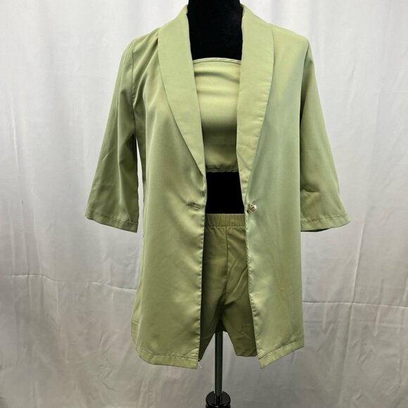Shein Womens 3 Piece Outfit Set Green 3/4 Sleeve Open Front Smocked Satin XS - Picture 1 of 10